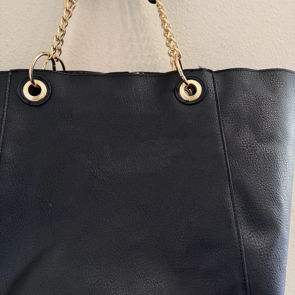 Steve Madden Black Faux Leather Tote Bag Gold Chain Straps Plaid Scarf Vegan